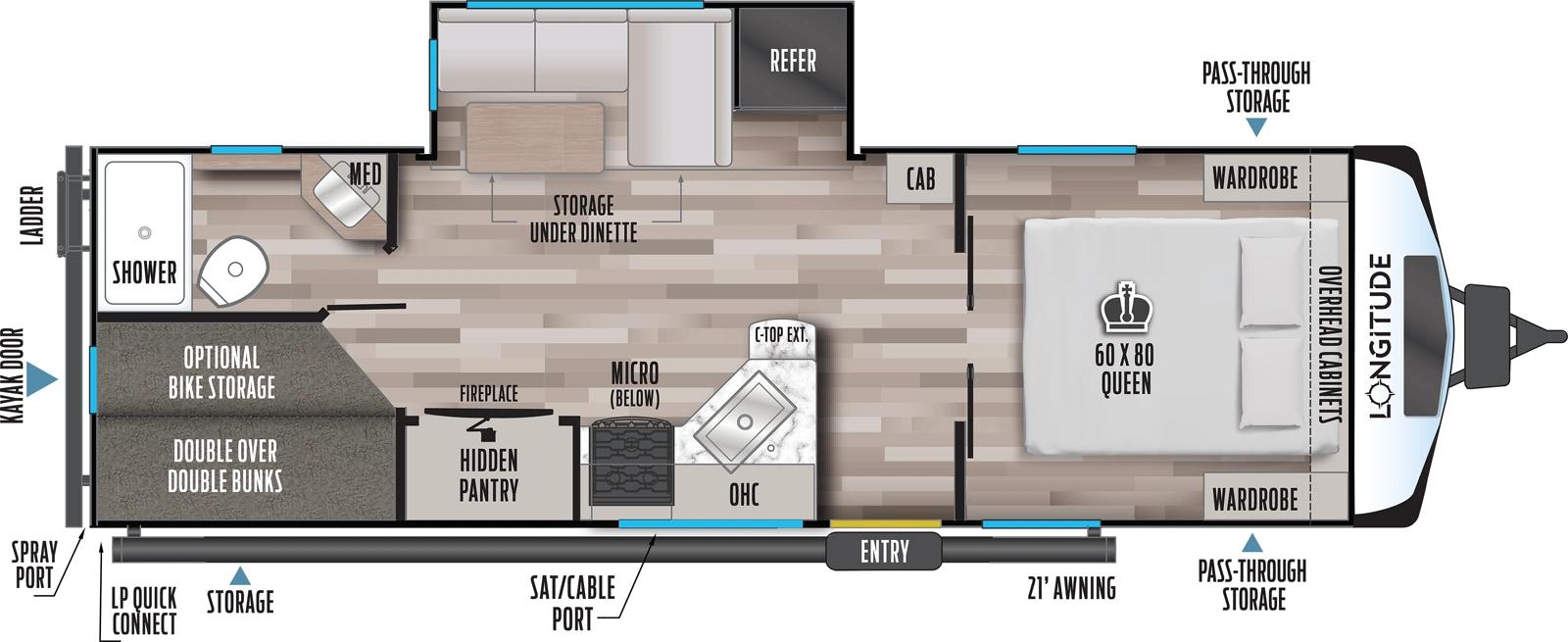 The Longitude 255BH floorplan has one entry and one slide out. Exterior features include: fiberglass exterior and 21' awning. Interiors features include: bunk beds and front bedroom.